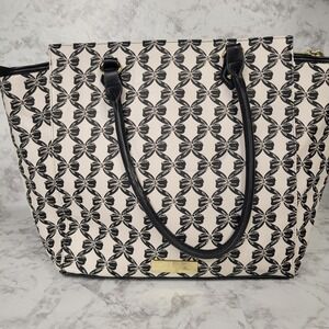Betsey Johnson Bow Print Tote Bag Cream Black Gold Studded Large Shoulder Bag